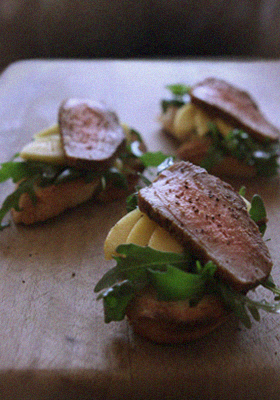 Miso Duck and Mango Bruschetta